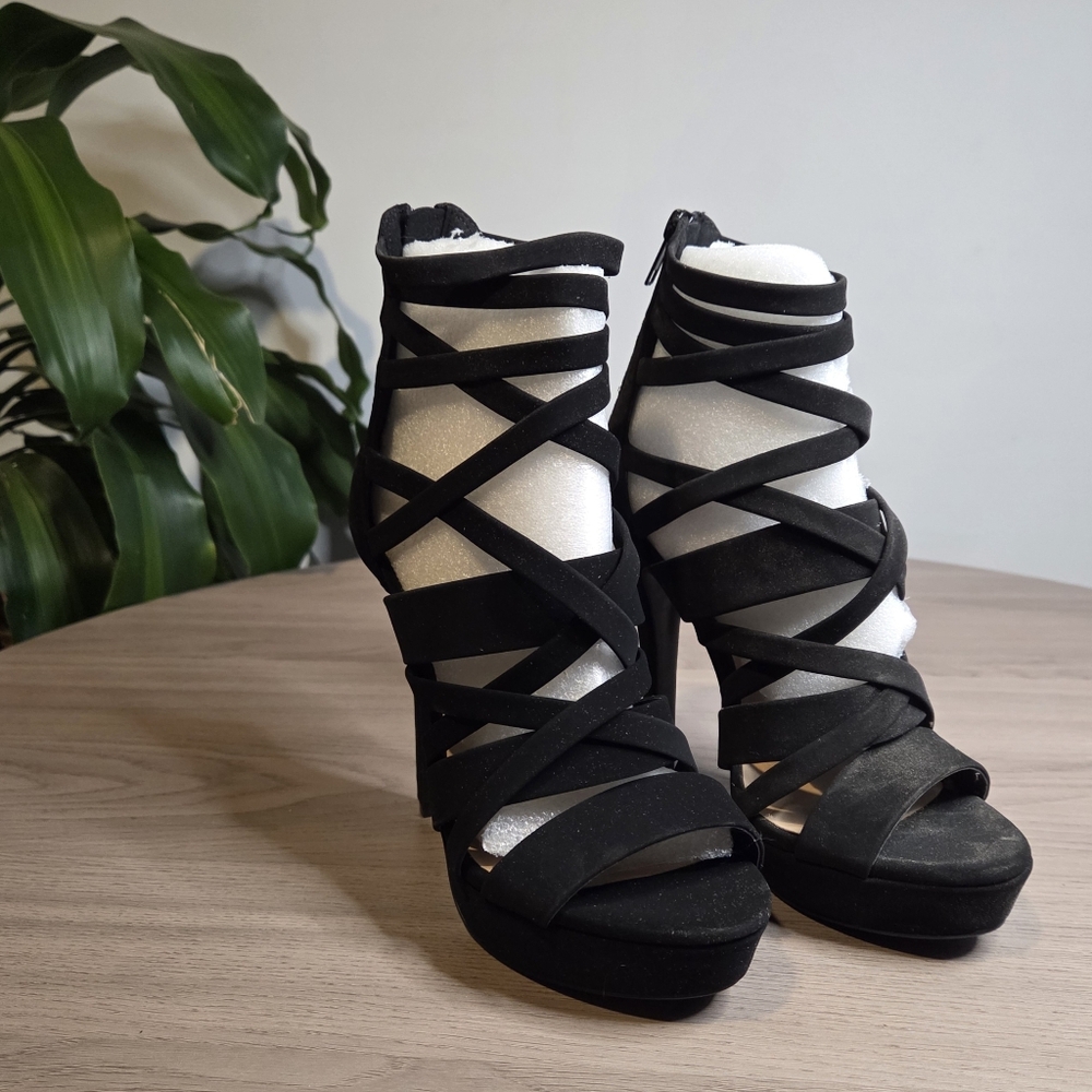 NIB Marco Republic Dubai Open Toe Platform Heels, Black NBPU, Sz 7